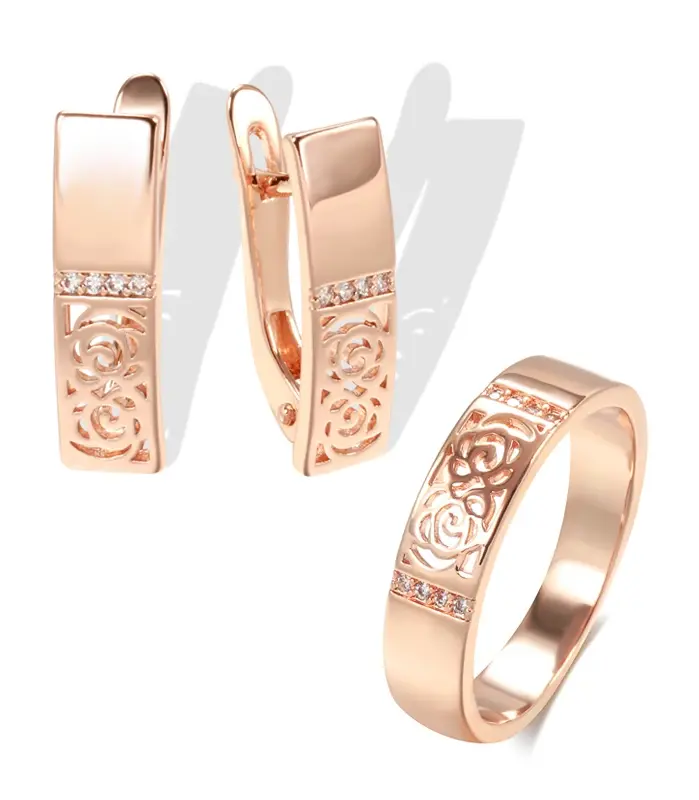 Kinel-Conjunto de anillos y pendientes de oro rosa para mujer, aretes colgantes de circonita Natural con flor hueca, conjuntos de joyería Vintage para boda, 585 1