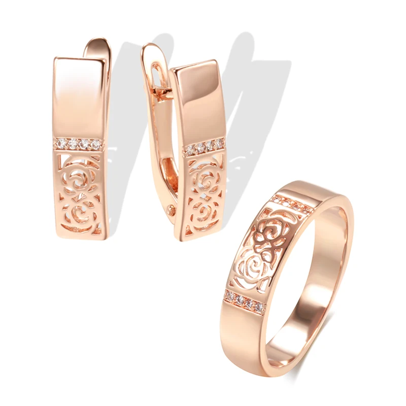 Kinel-Conjunto de anillos y pendientes de oro rosa para mujer, aretes colgantes de circonita Natural con flor hueca, conjuntos de joyería Vintage para boda, 585 1 Kinel-Conjunto de anillos y pendientes de oro rosa para mujer, aretes colgantes de circonita Natural con flor hueca, conjuntos de joyería Vintage para boda, 585 1