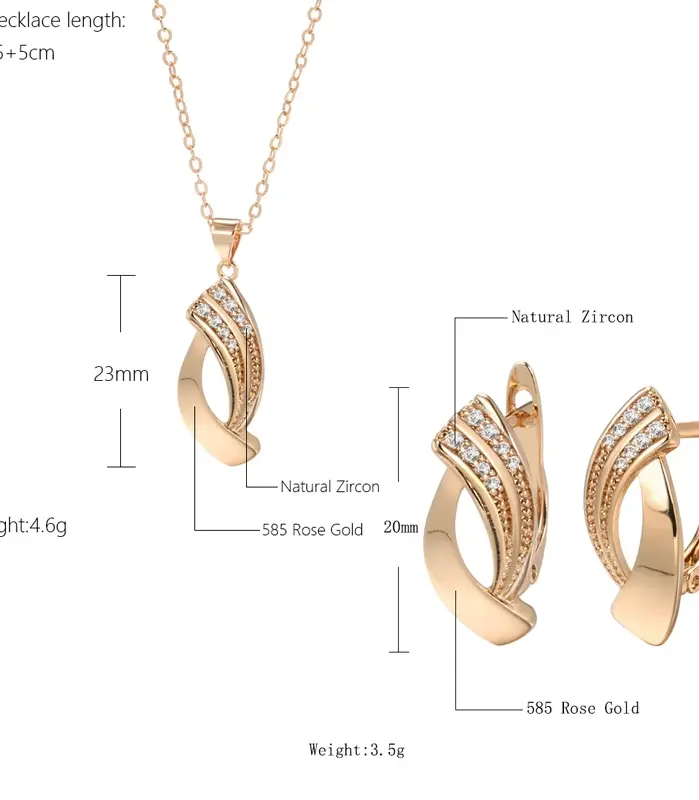 Kinel, tendencia novedosa, pendientes colgantes brillantes, conjuntos de collar, oro rosa 585, geometría Simple, circonita Natural, conjuntos de joyería fina diaria para mujer 2