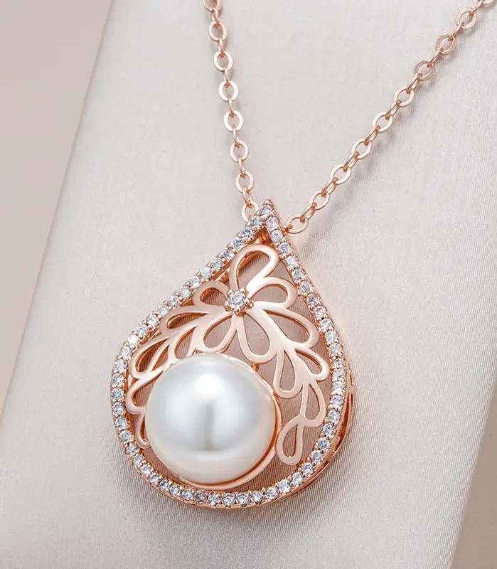 Kinel-collar con colgante grande de perlas de lujo para mujer, Color oro rosa 585 con dijes de circón Natural, joyería de boda para novia 1