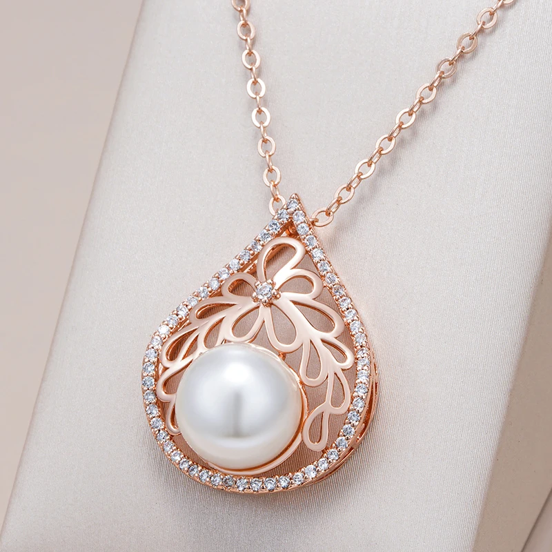 Kinel-collar con colgante grande de perlas de lujo para mujer, Color oro rosa 585 con dijes de circón Natural, joyería de boda para novia 1 Kinel-collar con colgante grande de perlas de lujo para mujer, Color oro rosa 585 con dijes de circón Natural, joyería de boda para novia 1