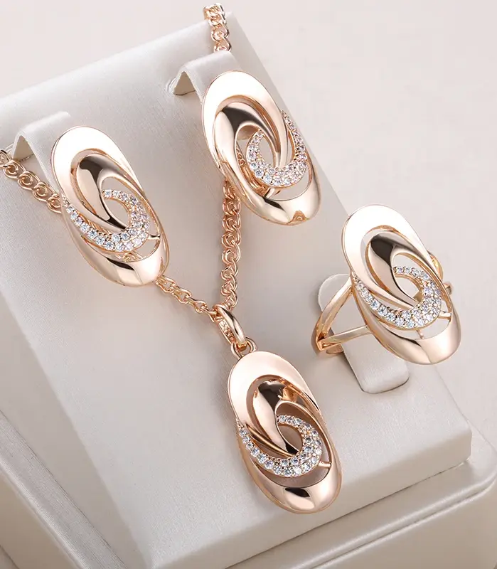 Kinel-Conjunto de joyería fina para mujer, geometría inusual, brillante, para uso diario, Color oro rosa 585, circonita Natural, anillo grande, pendientes, collar 1