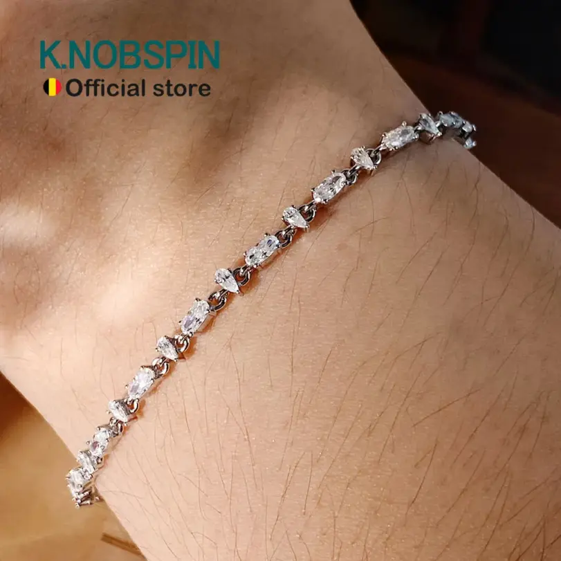 KNOBSPIN-pulsera de tenis de moissanita con corte de pera ovalada, chapada en plata s925, oro blanco de 18k, pulseras finas con certificado GRA para mujer y hombre 1