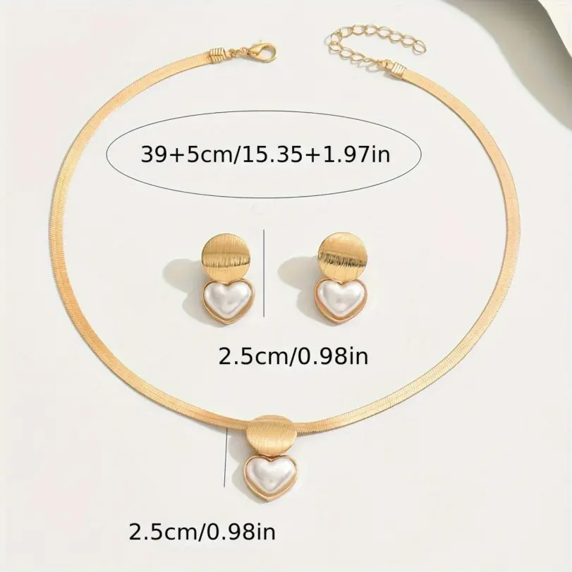 Elegante conjunto de joyería dorada de 3 piezas: collar elegante y pendientes a juego con colgantes de corazón y geométricos, ideal para uso diario 6