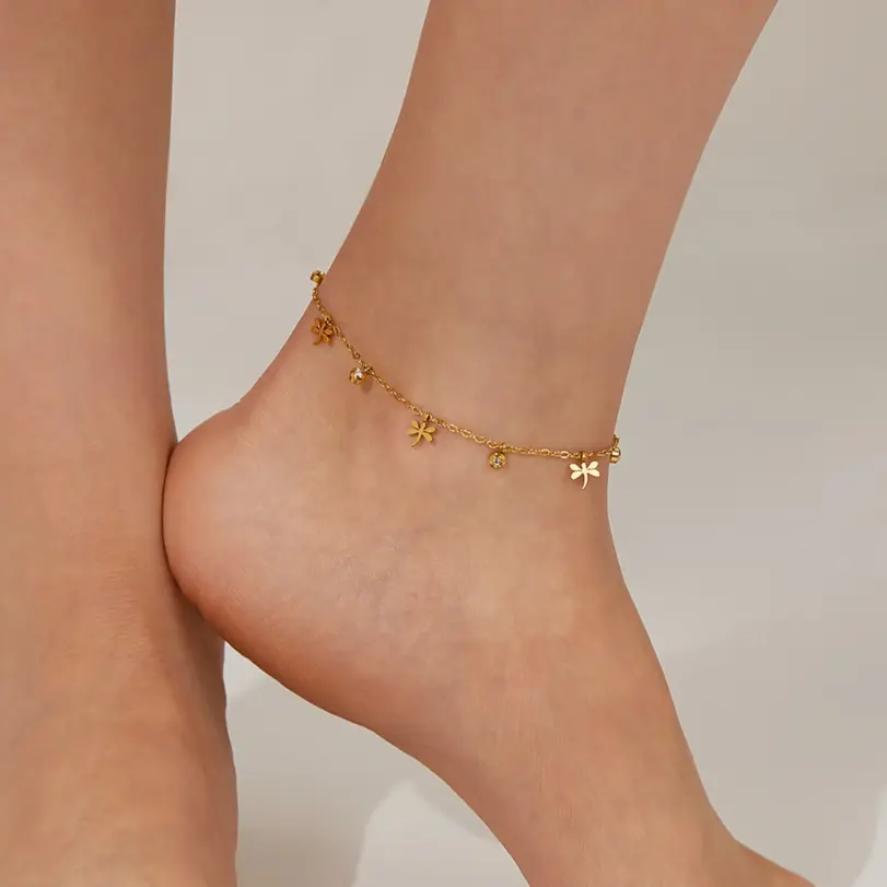 DIEYURO-tobillera con colgante de libélula dorada de acero inoxidable 316L para mujer, cadena para pie, joyería, regalo de vacaciones 3