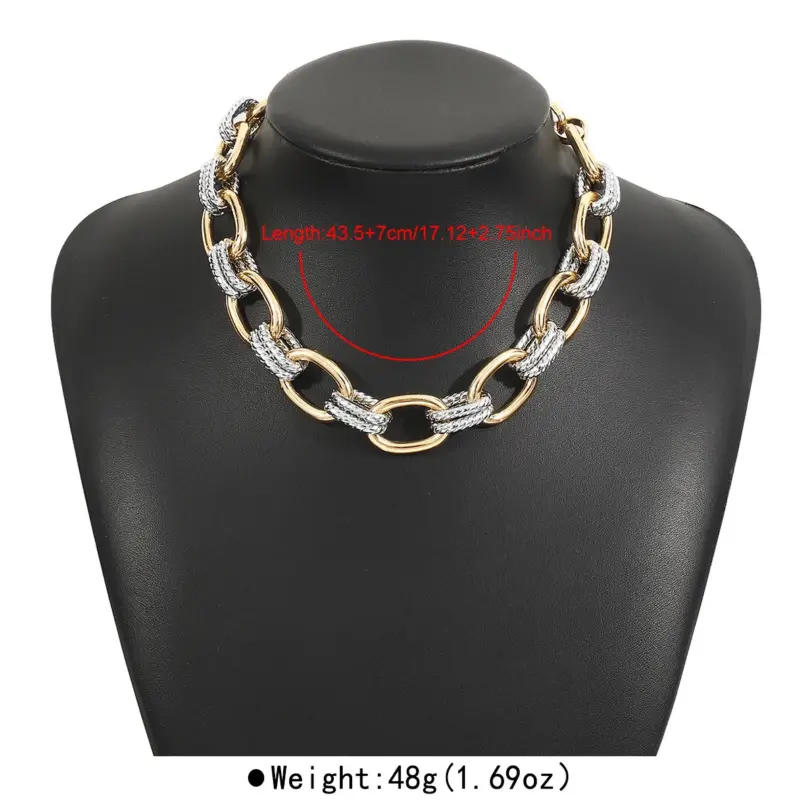 Collar de cadena gruesa de metal mixto, gargantilla de eslabones de cable de dos tonos, conjunto de pulsera a juego de oro y plata texturizados, joyería de lujo llamativa 5