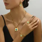 Conjunto de joyería Vintage elegante para mujer, collar con forma de cerradura a la moda, gargantilla de turquesa con incrustaciones, pulsera de boda para fiesta, 5 uds. 2