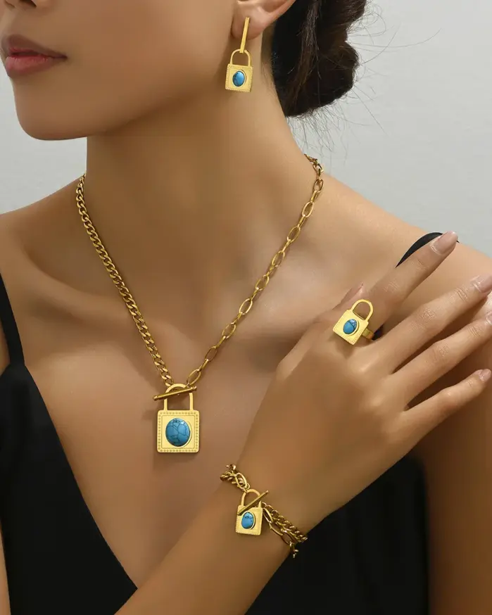 Conjunto de joyería Vintage elegante para mujer, collar con forma de cerradura a la moda, gargantilla de turquesa con incrustaciones, pulsera de boda para fiesta, 5 uds. 2