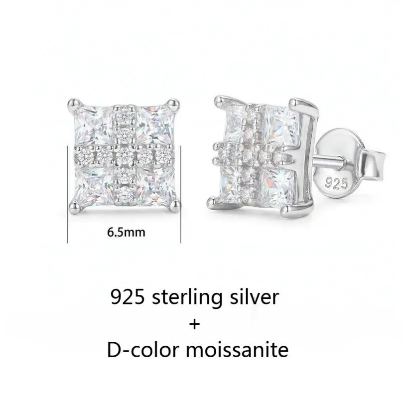 Pendientes de plata de ley Ts S925 con moissanita cuadrada Princess para mujer, joyería de laboratorio con moissanita color D, pendientes de plata de ley 6