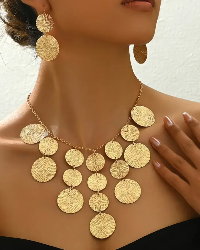 Set de Joyería de 3 Piezas con Discos Dorados para Mujer, Collar con Flecos en Cascada y Pendientes Colgantes con Monedas Texturizadas, Joyería Boho de Moda, Regalo 1
