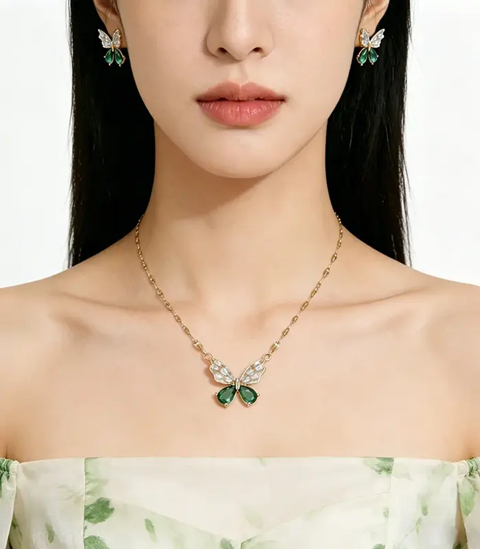 Conjunto de Joyería Romántico con Mariposas Verdes, Elegante Collar con Colgante de Circonio, Pendientes, Combinación de Joyería de Hadas a la Moda para Mujer, Regalo 1