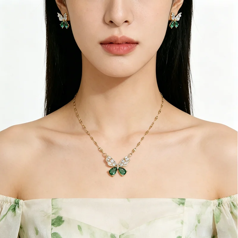 Conjunto de Joyería Romántico con Mariposas Verdes, Elegante Collar con Colgante de Circonio, Pendientes, Combinación de Joyería de Hadas a la Moda para Mujer, Regalo 1 Conjunto de Joyería Romántico con Mariposas Verdes, Elegante Collar con Colgante de Circonio, Pendientes, Combinación de Joyería de Hadas a la Moda para Mujer, Regalo 1