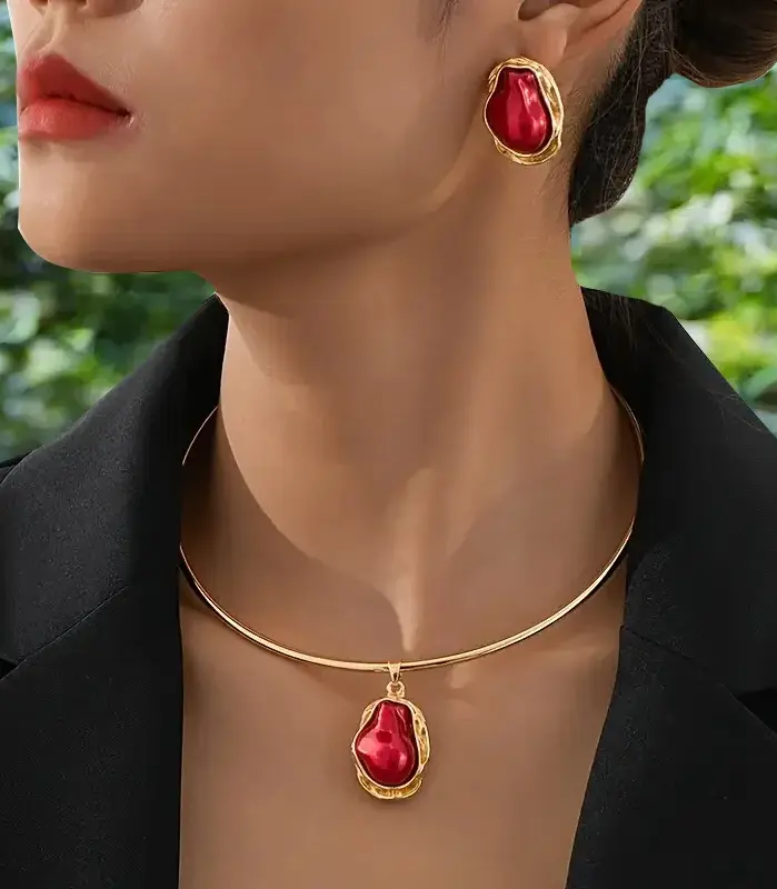 Juego de Joyería Vintage Elegante de 3 Piezas para Mujer, Collar de Tipo Irregular de Moda, Gargantilla de Perlas Rojas, Pendientes de Novia para Boda, Fiesta 2