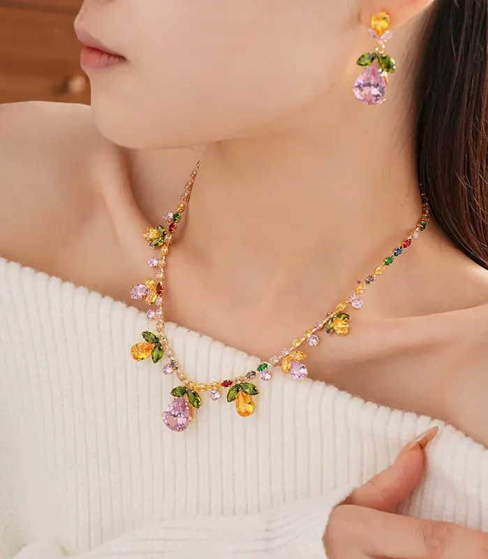 Juego de Joyería Vintage Elegante de 3 Piezas para Mujer, Collar con Hojas de Gota de Agua Coloridas, Gargantilla de Cristal Brillante, Aretes de Novia para Boda, Fiesta 2