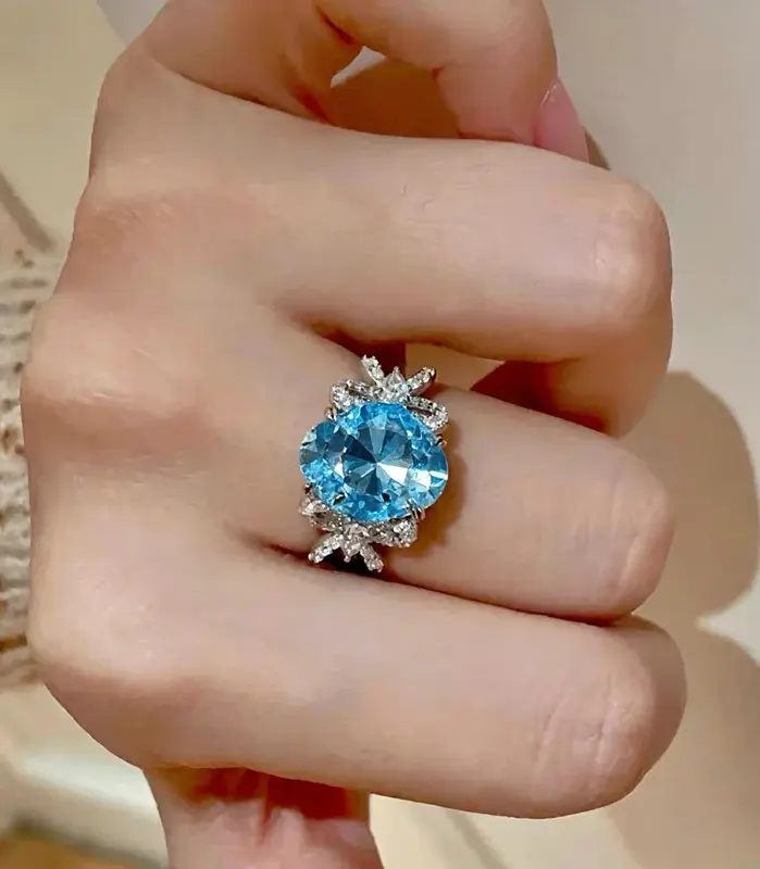 Anillo TY de plata de ley 925 con lazo de diamantes, para mujer, con moissanita de color D de 5 quilates, corte ovalado, azul marino, anillo de marca, joyería fina, regalo de lujo. 2