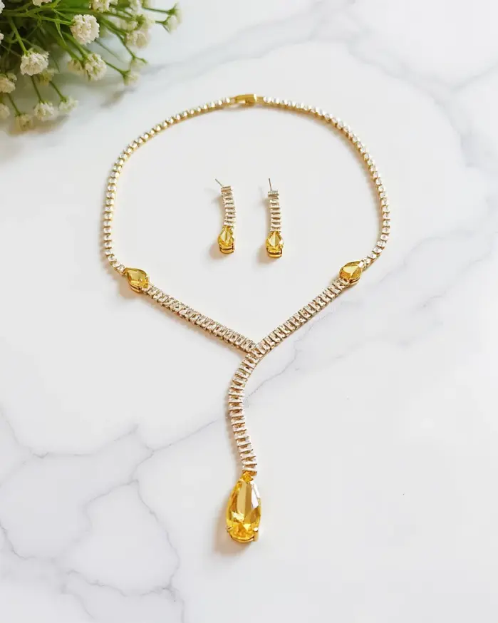Juego de Joyería Vintage Elegante de 3 Piezas para Mujer, Collar con Gotas de Agua Amarillas, Gargantilla de Cristal Brillante, Aretes de Novia para Boda, Fiesta 1