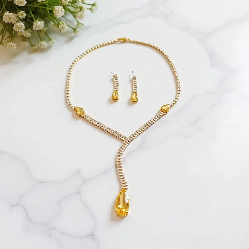 Juego de Joyería Vintage Elegante de 3 Piezas para Mujer, Collar con Gotas de Agua Amarillas, Gargantilla de Cristal Brillante, Aretes de Novia para Boda, Fiesta 1 Juego de Joyería Vintage Elegante de 3 Piezas para Mujer, Collar con Gotas de Agua Amarillas, Gargantilla de Cristal Brillante, Aretes de Novia para Boda, Fiesta 1
