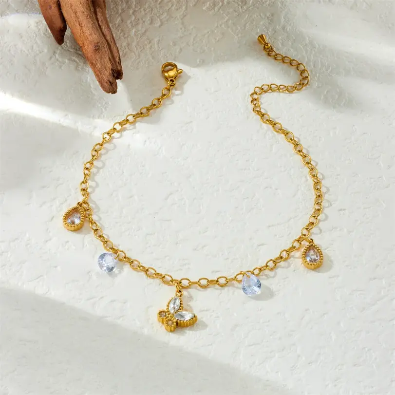 DIEYURO 316L Acero inoxidable mariposa dorada gota de agua tobillera de circón para mujer cadena de pie de moda joyería regalo glamuroso 4