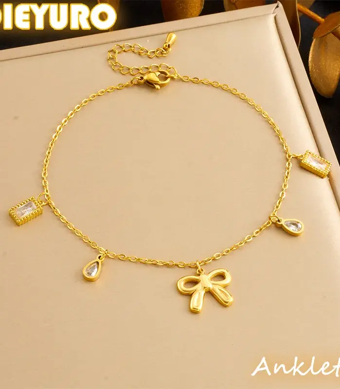 DIEYURO 316L Acero inoxidable lazo dorado corazón cuadrado circón tobillera para mujer tendencia moda cadena de pie joyería regalo de vacaciones 1