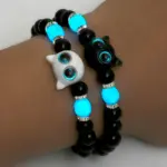 Juego de 4 Uds de pulsera + collar de cuentas de gato luminoso, pulseras elásticas con dijes de cuentas negras con gato, regalo de Halloween/Navidad 3