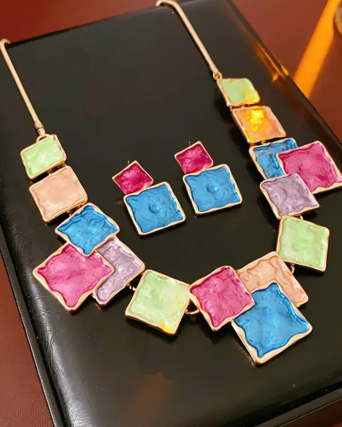 Juego de Joyería Vintage Elegante de 3 Piezas para Mujer, Collar con Cristales Brillantes y Gotas Azules Cuadradas, Gargantilla, Aretes para Novia, Boda, Fiesta 1