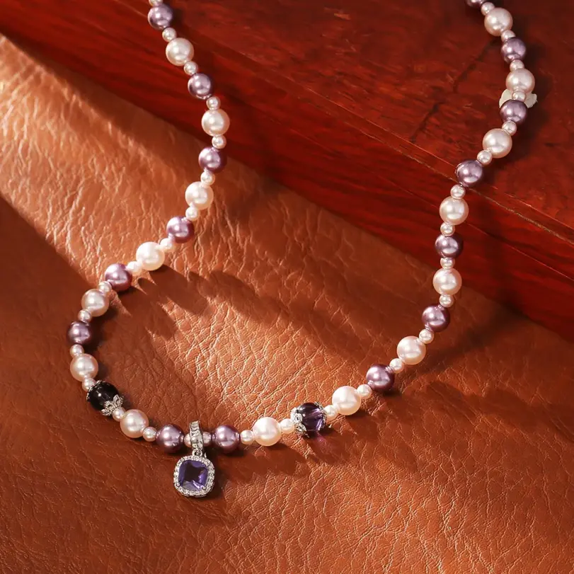 Juego de Joyería Vintage Elegante de 2 Piezas para Mujer, Collar con Pedrería Brillante Morada, Pulsera de Perlas para Novia, Regalo de Boda o Fiesta 3