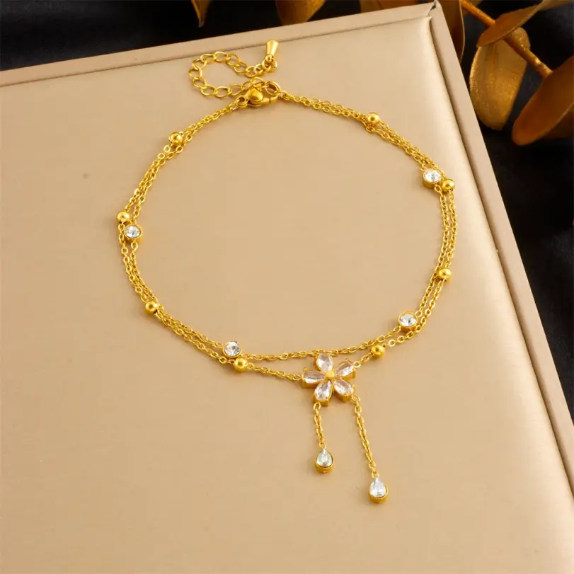 DIEYURO-tobillera de doble capa con borla de flores y diamantes de imitación blancos de acero inoxidable 316L para mujer, cadena para pie a la moda, joyería, regalo de vacaciones 6