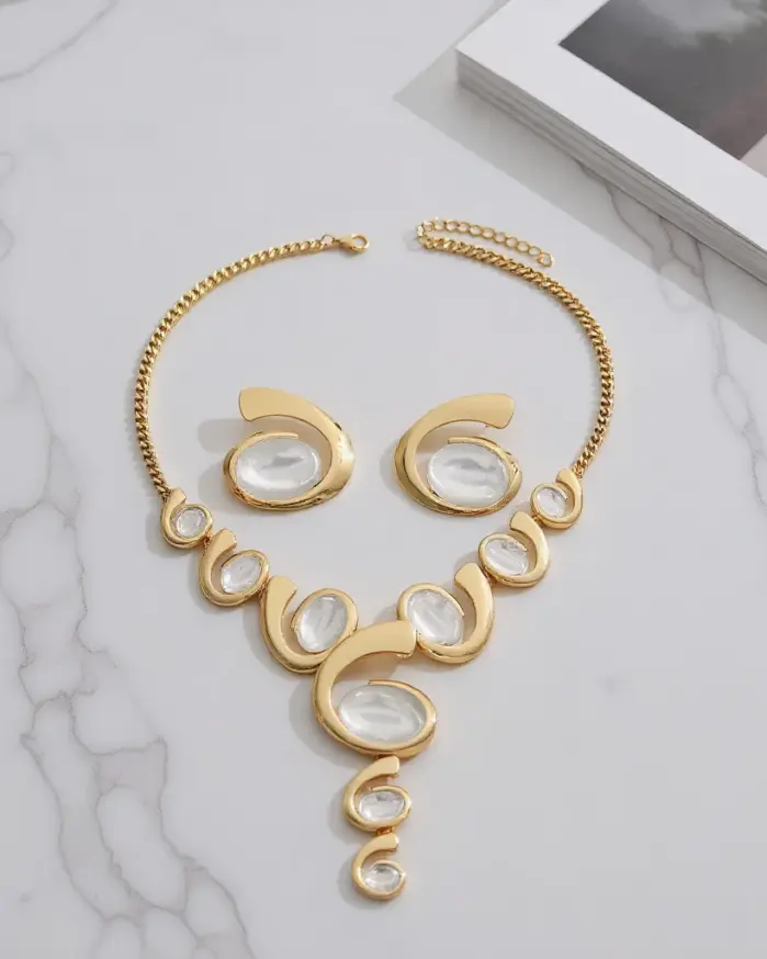 Juego de Joyería Elegante y Moderno de 3 Piezas para Mujer, Collar Espiral Elíptico, Gargantilla de Metal Clásica, Aretes para Uso Diario Informal, Regalo 1