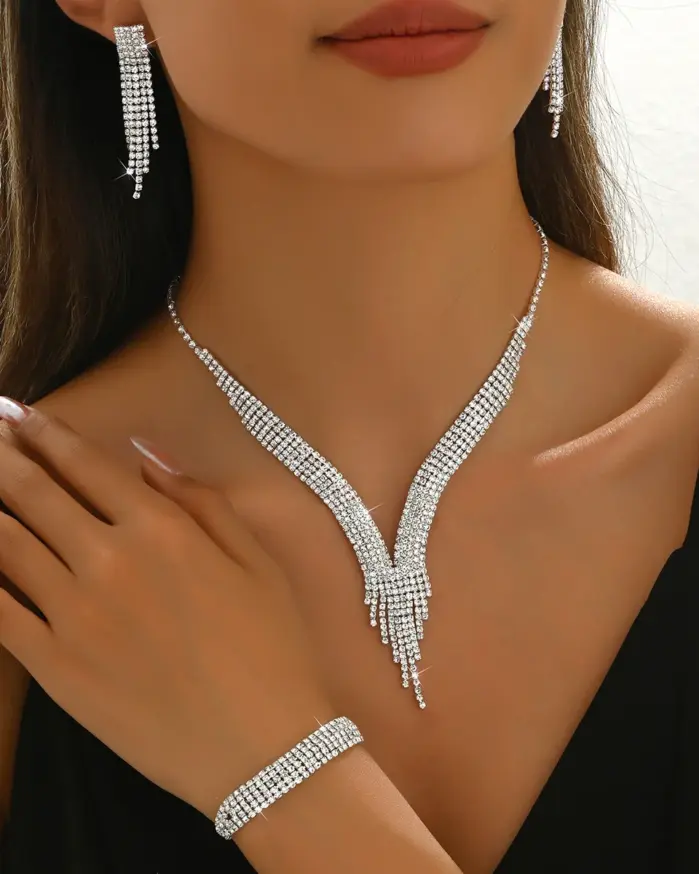 4 Uds. De diamantes de imitación de lujo, collar con borlas y gotas de agua, pendientes, pulsera, conjunto de tres piezas, accesorios de cadena para clavícula, regalo 1