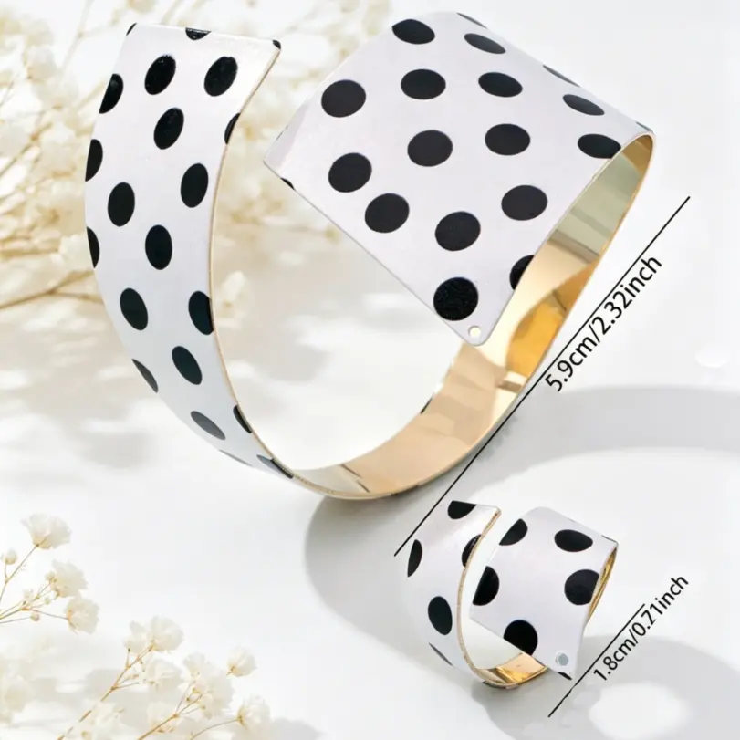 Juego de 2 Anillos de Pulsera con Diseño de Puntos Blancos y Negros, Estilo Minimalista, Abiertos, para Mujer, Accesorio Diario para Vacaciones 5