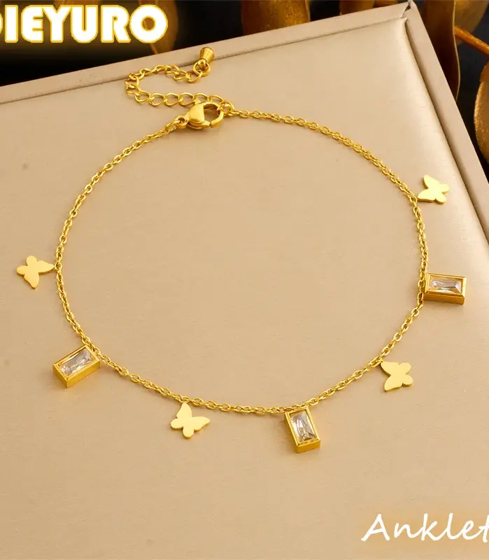 DIEYURO-tobilleras cuadradas de mariposa dorada de acero inoxidable 316L para mujer, cadenas para pies de nueva tendencia, joyería antioxidante, regalo de vacaciones 1