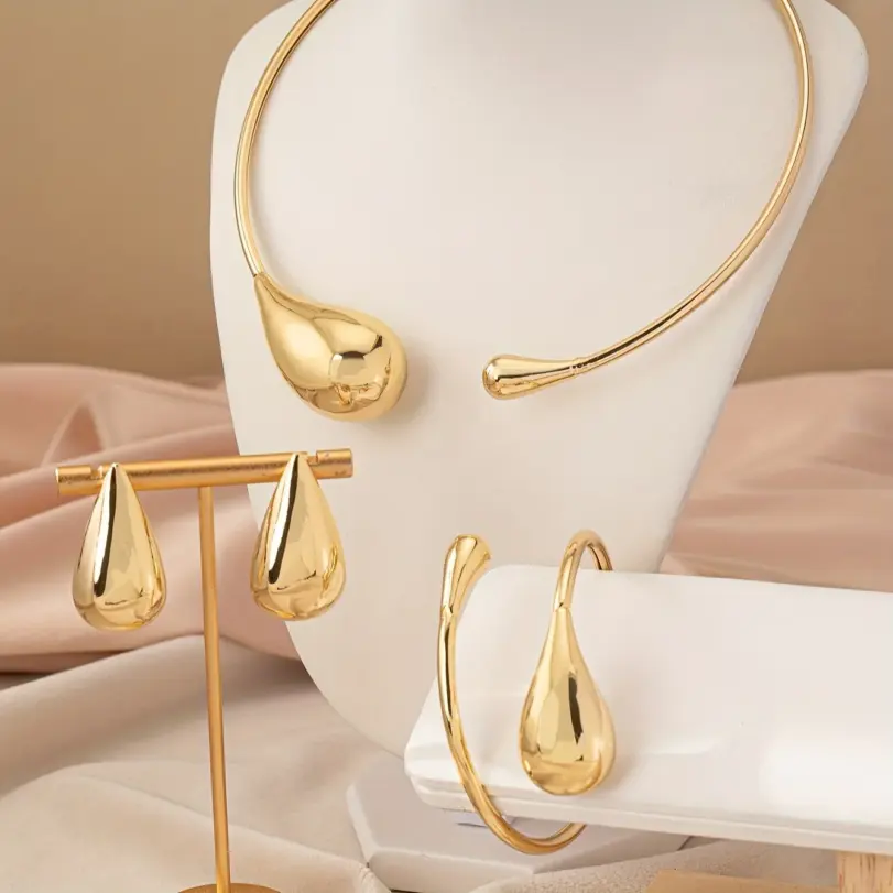 Juego de Joyería Elegante y Moderno de 4 Piezas para Mujer, Collar con Gotas de Agua, Gargantilla de Metal Dorado, Aretes para Uso Diario Informal 2