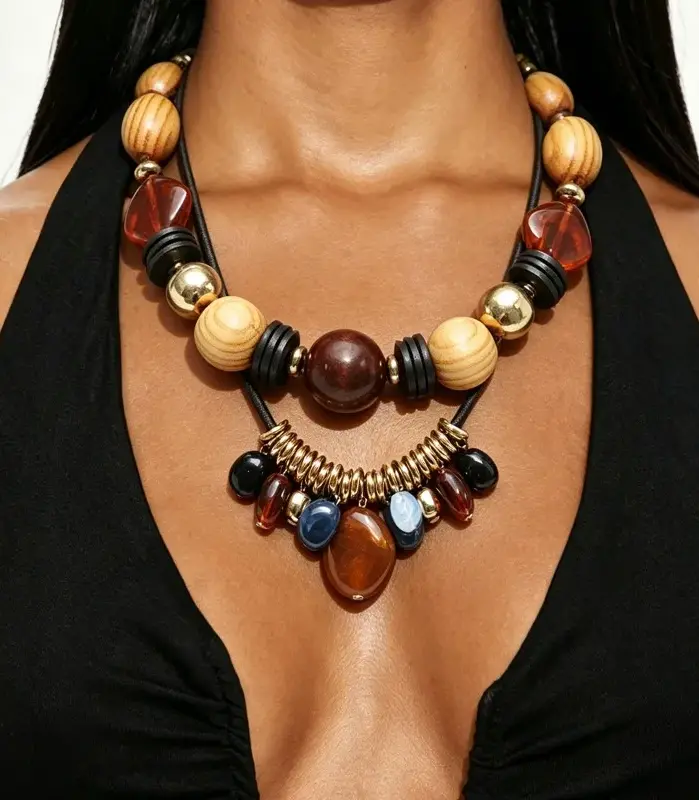 Collar de madera y acrílico con cuentas estilo Maillard vintage, colgante geométrico étnico, gargantilla, nueva joyería de nicho chino con temperamento para mujer 1