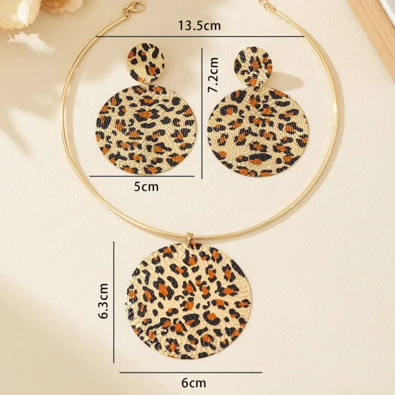 Juego de Joyería Elegante y Moderno de 3 Piezas para Mujer, Collar Circular con Estampado de Leopardo, Gargantilla de Metal Clásica, Aretes para Uso Diario Informal, Regalo 6