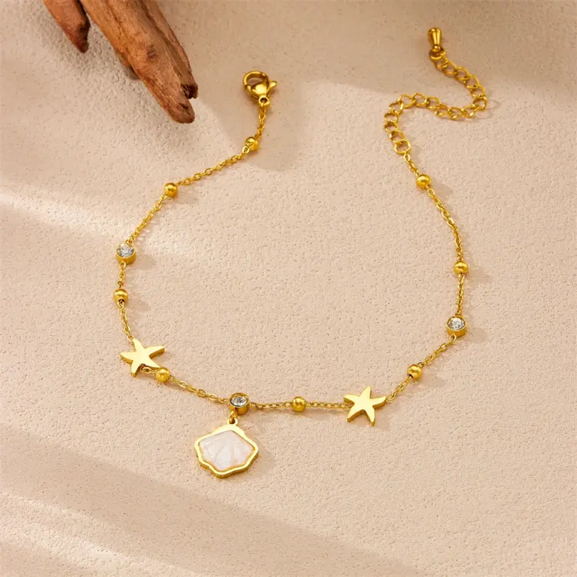 Tobilleras DIEYURO 316L de acero inoxidable amarillo vieira estrella de mar circón para mujer cadenas de pie de estilo marino regalo de joyería impermeable 4