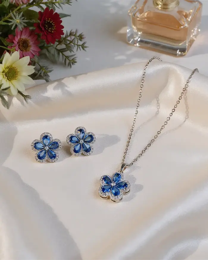 Juego de Joyería Vintage Elegante de 3 Piezas para Mujer, Collar con Flores Azules Incrustadas, Gargantilla de Cristal Brillante, Aretes de Novia para Boda, Fiesta 1