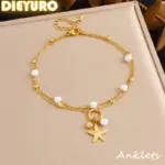 DIEYURO 316L Acero inoxidable perla circón estrella de mar colgante tobilleras de doble capa señora chapado en oro impermeable cadena de pie joyería 1