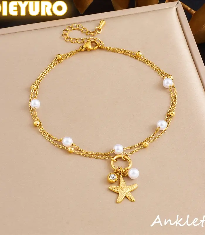 DIEYURO 316L Acero inoxidable perla circón estrella de mar colgante tobilleras de doble capa señora chapado en oro impermeable cadena de pie joyería 1