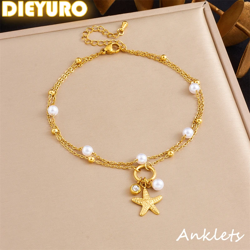DIEYURO 316L Acero inoxidable perla circón estrella de mar colgante tobilleras de doble capa señora chapado en oro impermeable cadena de pie joyería 1 DIEYURO 316L Acero inoxidable perla circón estrella de mar colgante tobilleras de doble capa señora chapado en oro impermeable cadena de pie joyería 1