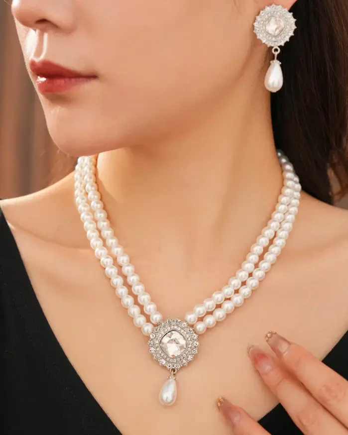 Juego de Joyería Vintage Elegante de 3 Piezas para Mujer, Collar con Forma de Gota de Perla, Gargantilla de Cristal Brillante, Aretes de Novia para Boda, Fiesta 2