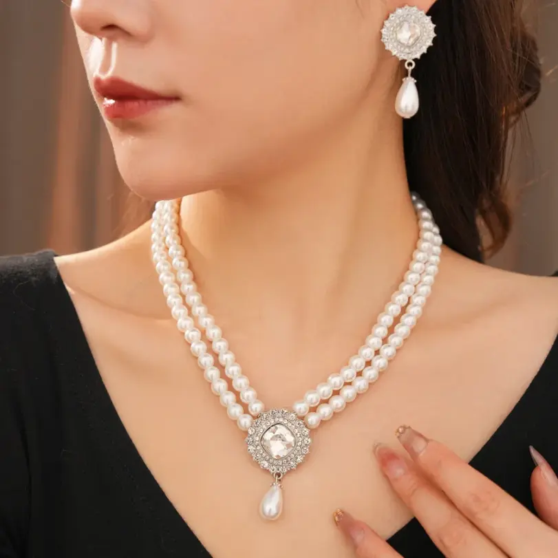 Juego de Joyería Vintage Elegante de 3 Piezas para Mujer, Collar con Forma de Gota de Perla, Gargantilla de Cristal Brillante, Aretes de Novia para Boda, Fiesta 2