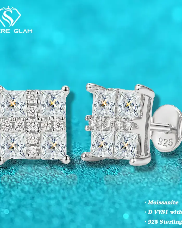 Pendientes de plata de ley Ts S925 con moissanita cuadrada Princess para mujer, joyería de laboratorio con moissanita color D, pendientes de plata de ley 1