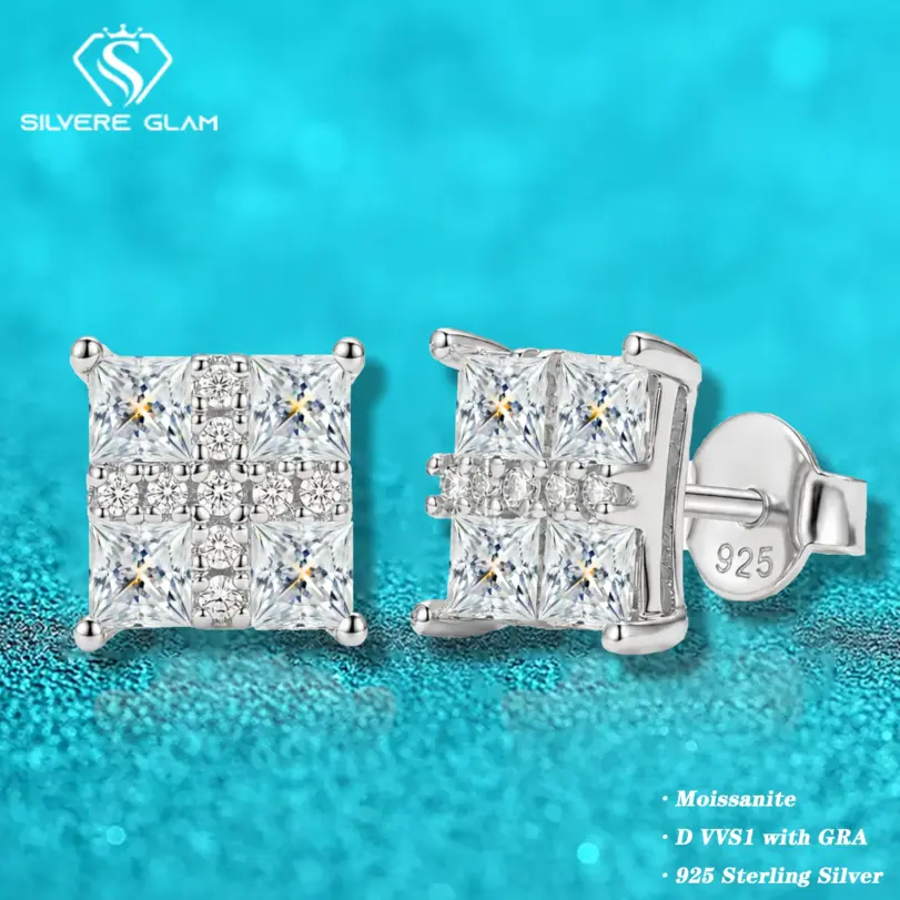 Pendientes de plata de ley Ts S925 con moissanita cuadrada Princess para mujer, joyería de laboratorio con moissanita color D, pendientes de plata de ley 1