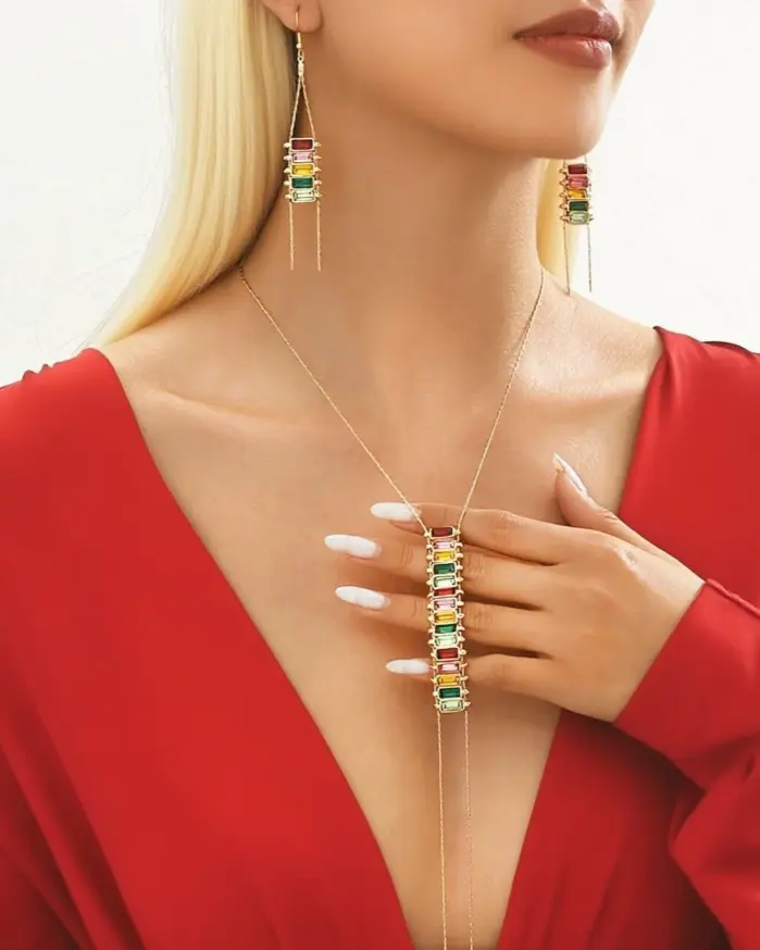 Juego de Joyería Vintage Elegante de 3 Piezas para Mujer, Collar con Pedrería Colorida, Gargantilla de Cristal Brillante, Aretes para Novia, Boda, Fiesta 2