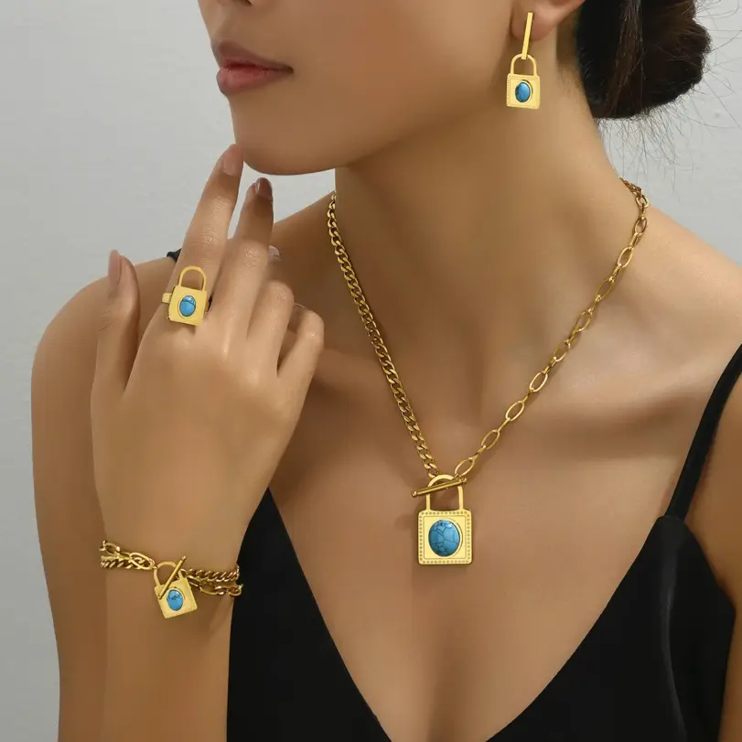 Conjunto de joyería Vintage elegante para mujer, collar con forma de cerradura a la moda, gargantilla de turquesa con incrustaciones, pulsera de boda para fiesta, 5 uds. 3