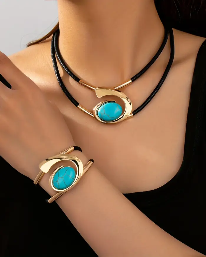 Conjunto de joyería Vintage elegante bohemio para mujer, collar ovalado verde, Gargantilla dorada, pulsera de boda nupcial, regalo de fiesta, 2 uds. 2