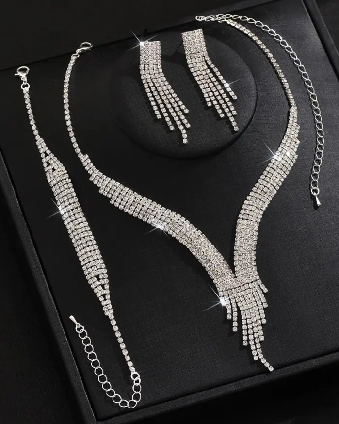 4 Uds. De diamantes de imitación de lujo, collar con borlas y gotas de agua, pendientes, pulsera, conjunto de tres piezas, accesorios de cadena para clavícula, regalo 2