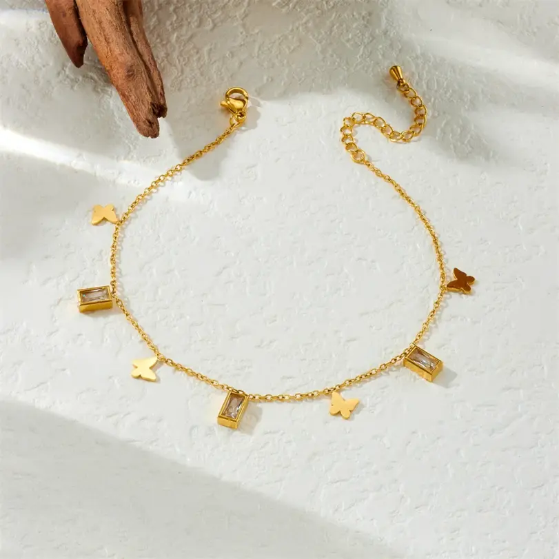 DIEYURO-tobilleras cuadradas de mariposa dorada de acero inoxidable 316L para mujer, cadenas para pies de nueva tendencia, joyería antioxidante, regalo de vacaciones 4