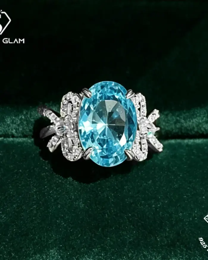 Anillo TY de plata de ley 925 con lazo de diamantes, para mujer, con moissanita de color D de 5 quilates, corte ovalado, azul marino, anillo de marca, joyería fina, regalo de lujo. 1
