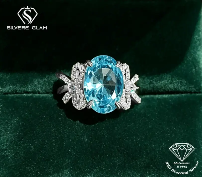Anillo TY de plata de ley 925 con lazo de diamantes, para mujer, con moissanita de color D de 5 quilates, corte ovalado, azul marino, anillo de marca, joyería fina, regalo de lujo. 1